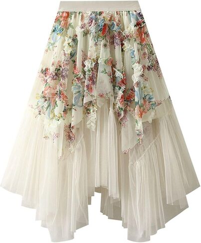 تول تول الزهور النسائية طبقات طرفية Flowy Fairy Midi Skirt High Weist Tutu A-Line Mashion Renaissance Skirt in Kuwait