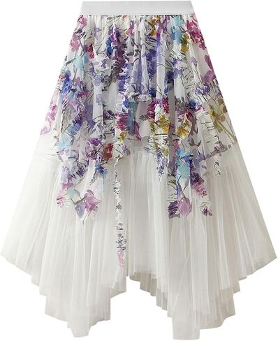 تول تول الزهور النسائية طبقات طرفية Flowy Fairy Midi Skirt High Weist Tutu A-Line Mashion Renaissance Skirt in Kuwait