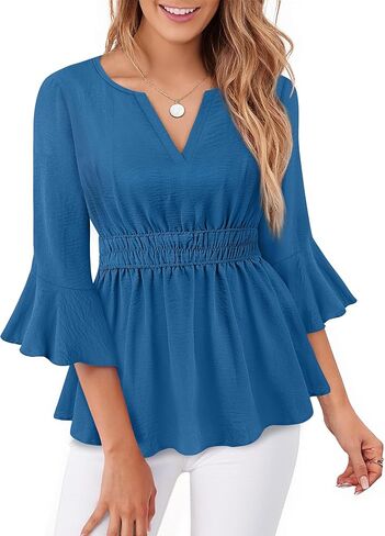 Womens Dressy Casual Peplum Tops Ruffle 3/4 Sleeve Henley V Neck Chiffon Blouses in Kuwait