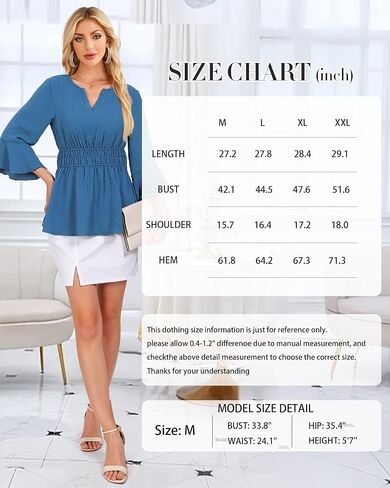 Womens Dressy Casual Peplum Tops Ruffle 3/4 Sleeve Henley V Neck Chiffon Blouses in Kuwait