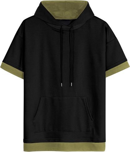 Mens Short Sleeve Hoodie Soft Cotton Color Block Moisture Wicking Big Pocket Streetwear Short Sleeve Sweatshirt in Saudi Arabia