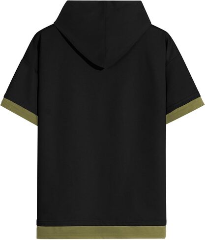 Mens Short Sleeve Hoodie Soft Cotton Color Block Moisture Wicking Big Pocket Streetwear Short Sleeve Sweatshirt in Saudi Arabia
