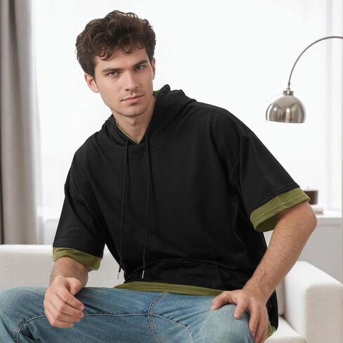 Mens Short Sleeve Hoodie Soft Cotton Color Block Moisture Wicking Big Pocket Streetwear Short Sleeve Sweatshirt in Saudi Arabia