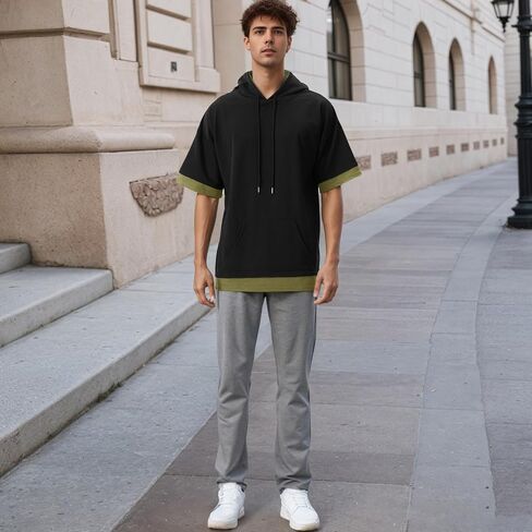 Mens Short Sleeve Hoodie Soft Cotton Color Block Moisture Wicking Big Pocket Streetwear Short Sleeve Sweatshirt in Saudi Arabia