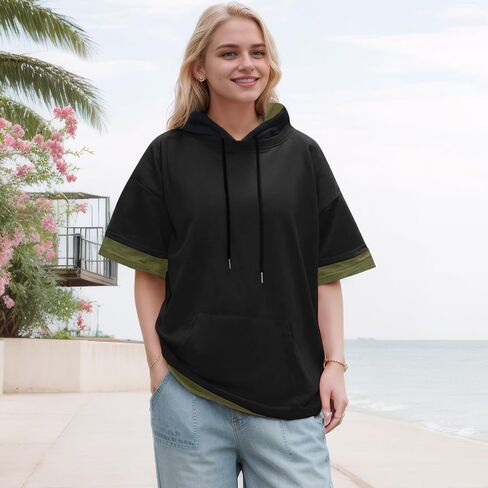 Mens Short Sleeve Hoodie Soft Cotton Color Block Moisture Wicking Big Pocket Streetwear Short Sleeve Sweatshirt in Saudi Arabia