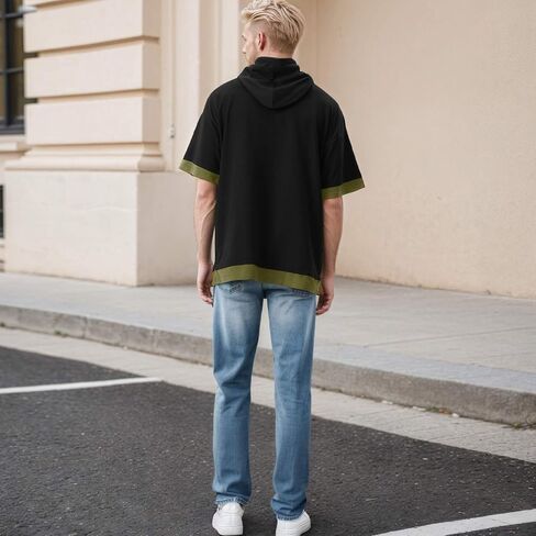 Mens Short Sleeve Hoodie Soft Cotton Color Block Moisture Wicking Big Pocket Streetwear Short Sleeve Sweatshirt in Saudi Arabia