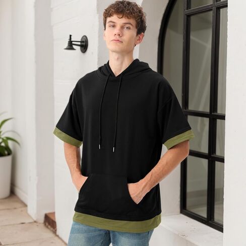 Mens Short Sleeve Hoodie Soft Cotton Color Block Moisture Wicking Big Pocket Streetwear Short Sleeve Sweatshirt in Saudi Arabia