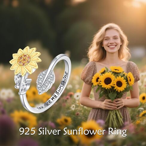 Sunflower Ring Sterling Silver Adjustable Sunflower Spinner Open Ring Fidget Anxiety Relieve Jewelry Gifts for Women in Saudi Arabia