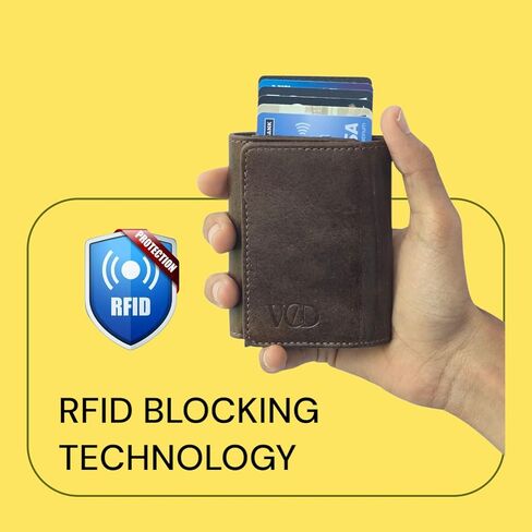 Leather Wallet for Men 8 Card Slots, Pop-up Button & Push Lock System Trifold Leather Wallet with RFID Blocking. in Saudi Arabia