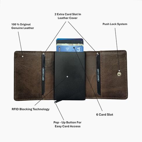 Leather Wallet for Men 8 Card Slots, Pop-up Button & Push Lock System Trifold Leather Wallet with RFID Blocking. in Saudi Arabia