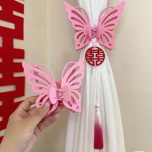 Lovely Pink Butterfly Curtain Tiebacks 2Pcs - SiegYma Cute Girlie Bedroom Curtain Holdbacks, Decorative Drapery Clips, Wall-Friendly Bow Tiebacks for Drapes (Pink) in Kuwait