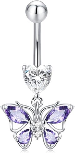 14G Butterfly Belly Button Ring 925 Sterling Silver Pink Dangling Belly Rings Hypoallergenic Navel Piercing Jewelry Body Navel Rings Gifts for Women in Saudi Arabia