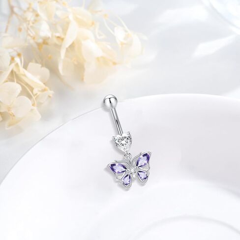 14G Butterfly Belly Button Ring 925 Sterling Silver Pink Dangling Belly Rings Hypoallergenic Navel Piercing Jewelry Body Navel Rings Gifts for Women in Saudi Arabia