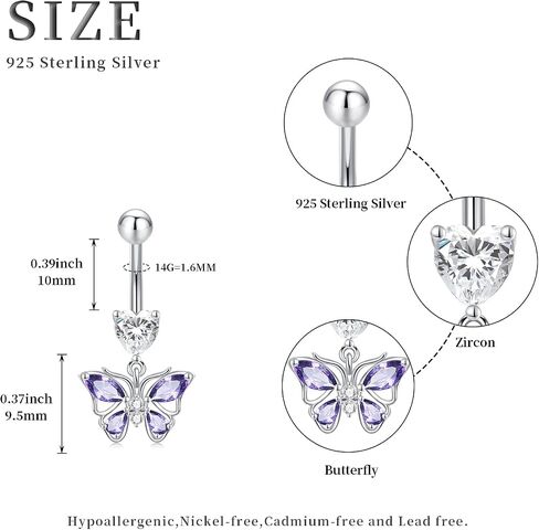 14G Butterfly Belly Button Ring 925 Sterling Silver Pink Dangling Belly Rings Hypoallergenic Navel Piercing Jewelry Body Navel Rings Gifts for Women in Saudi Arabia