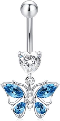 14G Butterfly Belly Button Ring 925 Sterling Silver Pink Dangling Belly Rings Hypoallergenic Navel Piercing Jewelry Body Navel Rings Gifts for Women in Saudi Arabia
