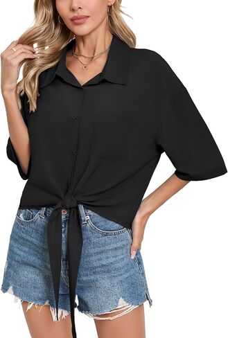 SUEANI Women’s Tie Front Button Down Shirt Casual 3/4 Sleeve Collared Work Blouse with Pocket in Kuwait