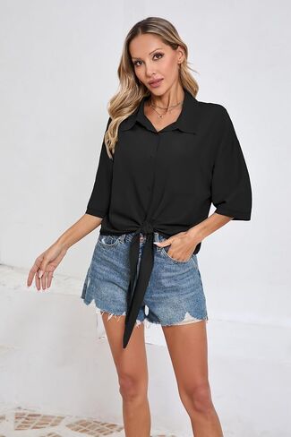 SUEANI Women’s Tie Front Button Down Shirt Casual 3/4 Sleeve Collared Work Blouse with Pocket in Kuwait