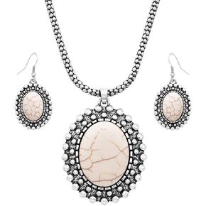 Rosemarie & Jubalee Women's Western Style Silver Tone Concho Medallion with Natural Howlite Necklace Earrings Set, 26"+3" Extension
