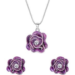 EleQueen Women's Rhinestone Crystal Rose Camellia Flower Charm Necklace French Clip Earrings Jewelry Sets