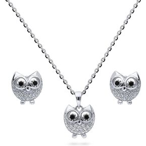 BERRICLE Sterling Silver Owl Cubic Zirconia CZ Fashion Necklace and Earrings Set for Women, Rhodium Plated