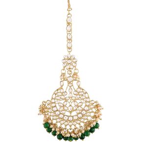 I Jewels 18k Gold Plated Indian Wedding Bollywood Kundan with Pearls Style Bridal Wedding Maang Tikka Jewelry for Women (T1085-2042)