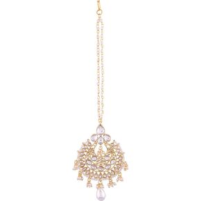 I Jewels 18k Gold Plated Indian Wedding Bollywood Kundan with Pearls Style Bridal Wedding Maang Tikka Jewelry for Women (T1085-2042)