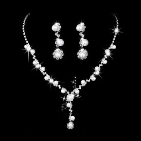 Bride Wedding Necklace Earrings Set Silver Rhinestone Necklaces Jewelry Sets Pearl Crystal Necklace Accessories for Women and Girls