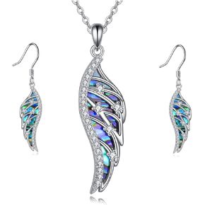 URONE Angel Wing Necklace and Earrings Sterling Silver Abalone Shell Guardian Angel Jewelry Gift
