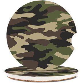 Absorbent Car Cupholder Coaster 2 Pack,Ceramic Stone Coaster with a Finger Notch for Women & Lady,Cork Base Drink Coasters 2.56 Inch,Cute Auto Accessories Gifts - Green Camouflage Camo