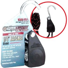 Rope Ratchet 10026 Heavy-Duty 3/8" Ratcheting Tie Down Rope Hanger, 250lb - Robust Rachet Pulley System, Secure Rope Tie Downs with Hooks (1 Ratchet Only, As Pictured)