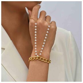 Boho Layered Pearl Finger Bracelet Gold Slave Bracelet Vintage Finger Chain Bracelet Summer Ring Bracelet Pearl Wedding Bracelet Hand Chain Jewelry for Women and Girls Gifts