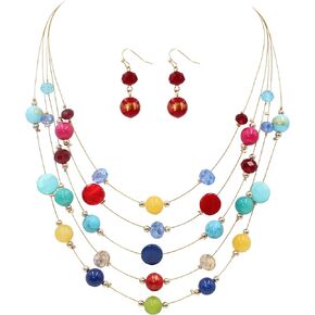 Layered Bead Statement Necklace For Women with Handmade Colorful Shell Boho Turquoise Green Red Stone Fashion choker Illusion Necklace Costume Trendy Jewelry Gifts for Western Women