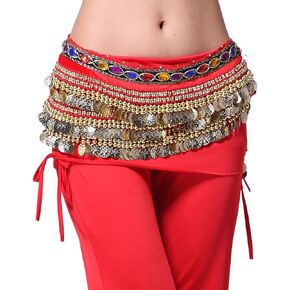 Women's Egyptian Triangular Belly Dance Hip Scarf Dancing Wrap Skirt With Gold Coins And Color-Diamond