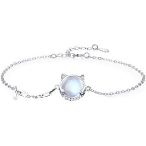 925 Sterling Silver Moonstone & CZ Diamond Cat/Rabbit Pet Animal Bracelet for Women, Cat/Bunny Bracelets Adjustable Bracelets for Women Girls Mom Pet Lover Gifts Jewelry