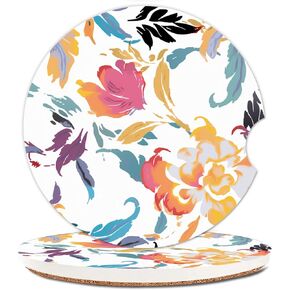 Ceramic Cup Holders Car Coasters for Women/Men,Cute Absorbent Drink Cup Car Holder Coasters with A Finger Notch 2.56" Pack of 2,Orange Floral Dachshunds