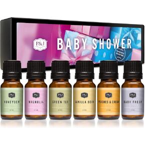 P&J Fragrance Oil Baby Shower Set | Baby Fresh, Peaches & Cream, Green Tea, Magnolia, Honeydew, Vanilla Bean Candle Scents for Candle Making, Freshie Scents, Soap Making Supplies