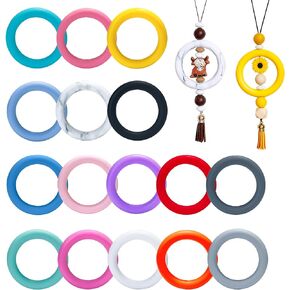 CREATZONE 16pcs Silicone Beadable O Ring 65mm Big Round Bead Ring Silicone Bead Loop with 2 Hole for DIY Keychains Bag Car Charm Jewelry Making (16 Colors)