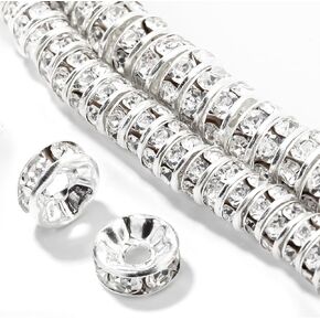 100Pcs Rondelle Spacer Beads - 6mm 8mm Silver Plated Czech Crystal Rhinestone Loose Beads, Spacer Beads for Jewelry Making Necklaces, Bracelet Charms (AB)