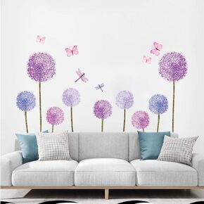 Purple Dandelions Wall Stickers Flowers Butterflies for Bedroom Kids Girls Nursery Living Room Wall Decoration