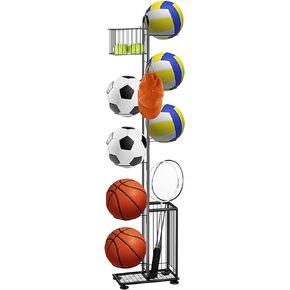 melos 7 Tier Basketball Ball Storage Rack, Freestanding Basketball Holder Garage Ball Storage Sport Organizer Rack with Basket for Volleyball Football Basketball, Indoor/Outdoor