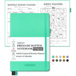 Premade Dotted Journal Notebook with Bullet Templates, Pre-made Dot Grid Journaling with Undated Weekly & Monthly Planner, Various Trackers, Lasts 1 Year, A5