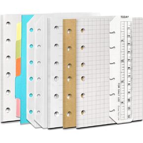 A7 6-Hole Binder Notebook Refills Set -(Gridded Paper Refills + Lined Paper + Kraft Paper + Blank Loose Leaf Paper) 180 Sheets /360 Pages（45 sheets of each type）+ A7 Storing Bag
