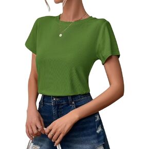 Womens Short Sleeve T Shirts Crewneck Slim Tshirt Ribbed Basic Tees Summer Tops