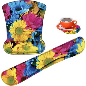 Keyboard Wrist Rest + Mouse Wrist Rest Pad + Cute Coaster Set, Made of Memory Foam, Ergonomic Support, Easy to Type and Relieve Wrist Pain, Suitable for Games and Offices- Happy Dinosaur Surfer