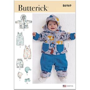 Butterick Infants' Jacket, Overalls, Pants, Hats and Mittens Sewing Pattern Kit, Design Code B6969, Sizes XXS-XS-S-M-L, Multicolor