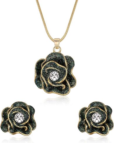 EleQueen Women's Rhinestone Crystal Rose Camellia Flower Charm Necklace French Clip Earrings Jewelry Sets in Saudi Arabia