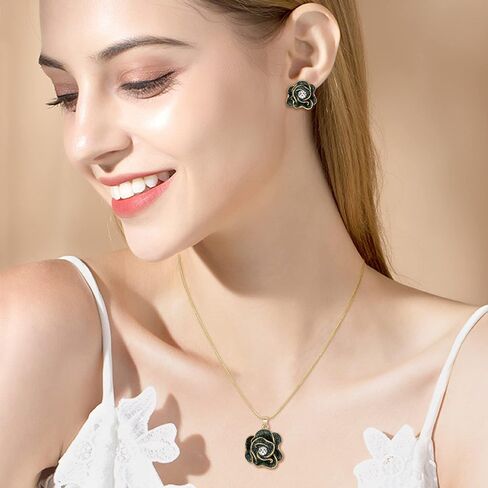 EleQueen Women's Rhinestone Crystal Rose Camellia Flower Charm Necklace French Clip Earrings Jewelry Sets in Saudi Arabia