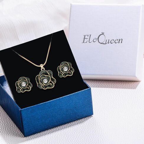 EleQueen Women's Rhinestone Crystal Rose Camellia Flower Charm Necklace French Clip Earrings Jewelry Sets in Saudi Arabia