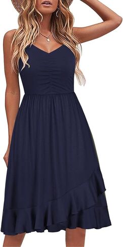 فساتين IHOT كاجوال للنساء برقبة على شكل V بدون أكمام فستان شاطئ صيفي مزين بالورود وحزام سباغيتي على شكل حرف A مع جيوب in Kuwait