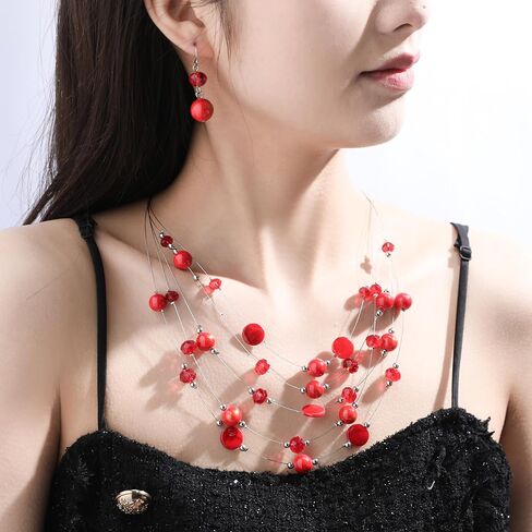 Layered Bead Statement Necklace For Women with Handmade Colorful Shell Boho Turquoise Green Red Stone Fashion choker Illusion Necklace Costume Trendy Jewelry Gifts for Western Women in Kuwait